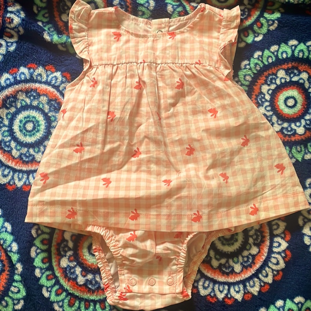 Just One You Pink Gingham Bunny Print dress with onesie 6mth